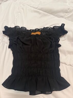 Smocked Off-Shoulder Black Camisole Top — Feminine Ruffle Detail